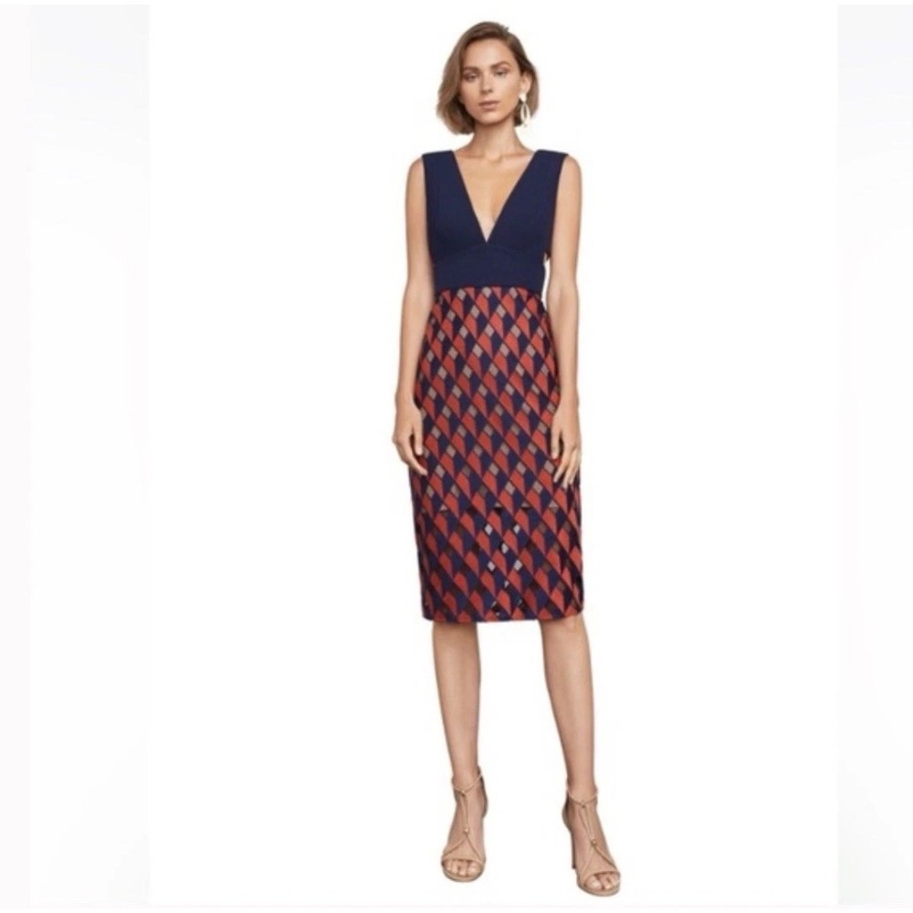 BCBG Deep V Navy and Red Patterned Sleeveless Cocktail Dress